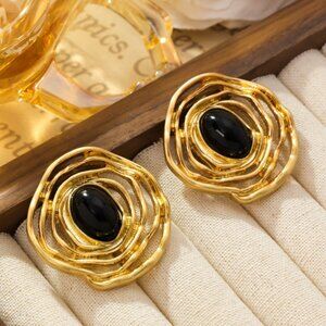 ✨ Artisan Original Design Sculptural Black Gemstone & Gold Wave Stud Earrings